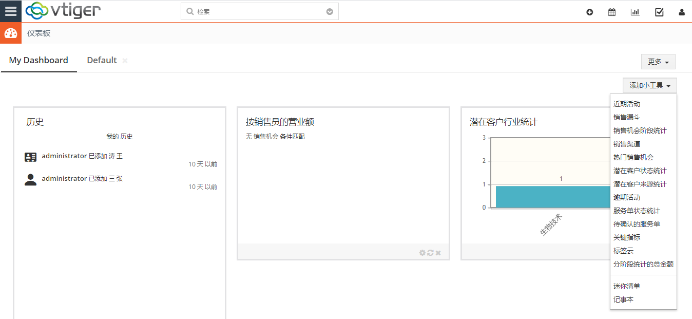 VtigerCRM 首页小部件